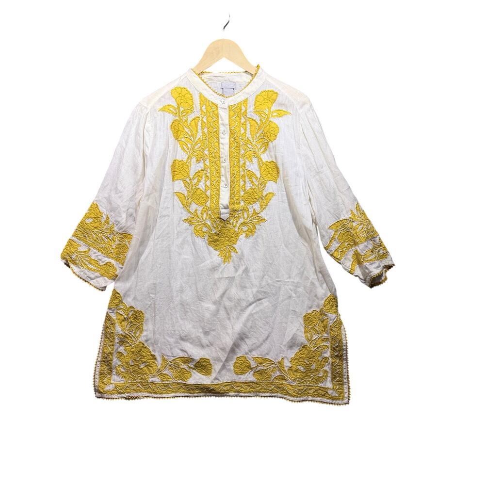 Chico’s 100% linen cream embroidered mustard yellow tunic blouse top size 3 XL